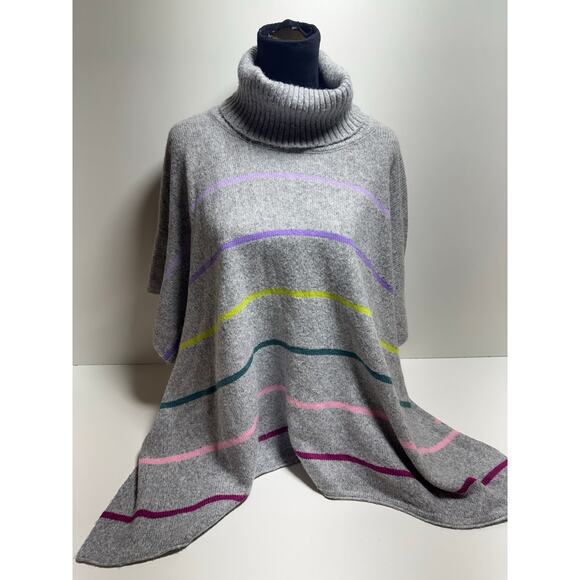 Loft Cowl Neck Poncho Sweater Women’s Wool Blend Gray Hi Low Gray Skinny Stripes - Picture 1 of 9